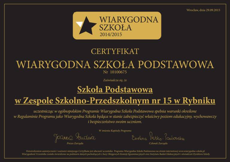 Certyfikat "Wiarygodna Szkoła"